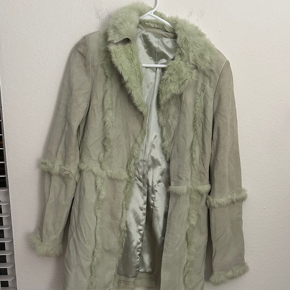Vintage  Green leather and  Fur Trim Coat